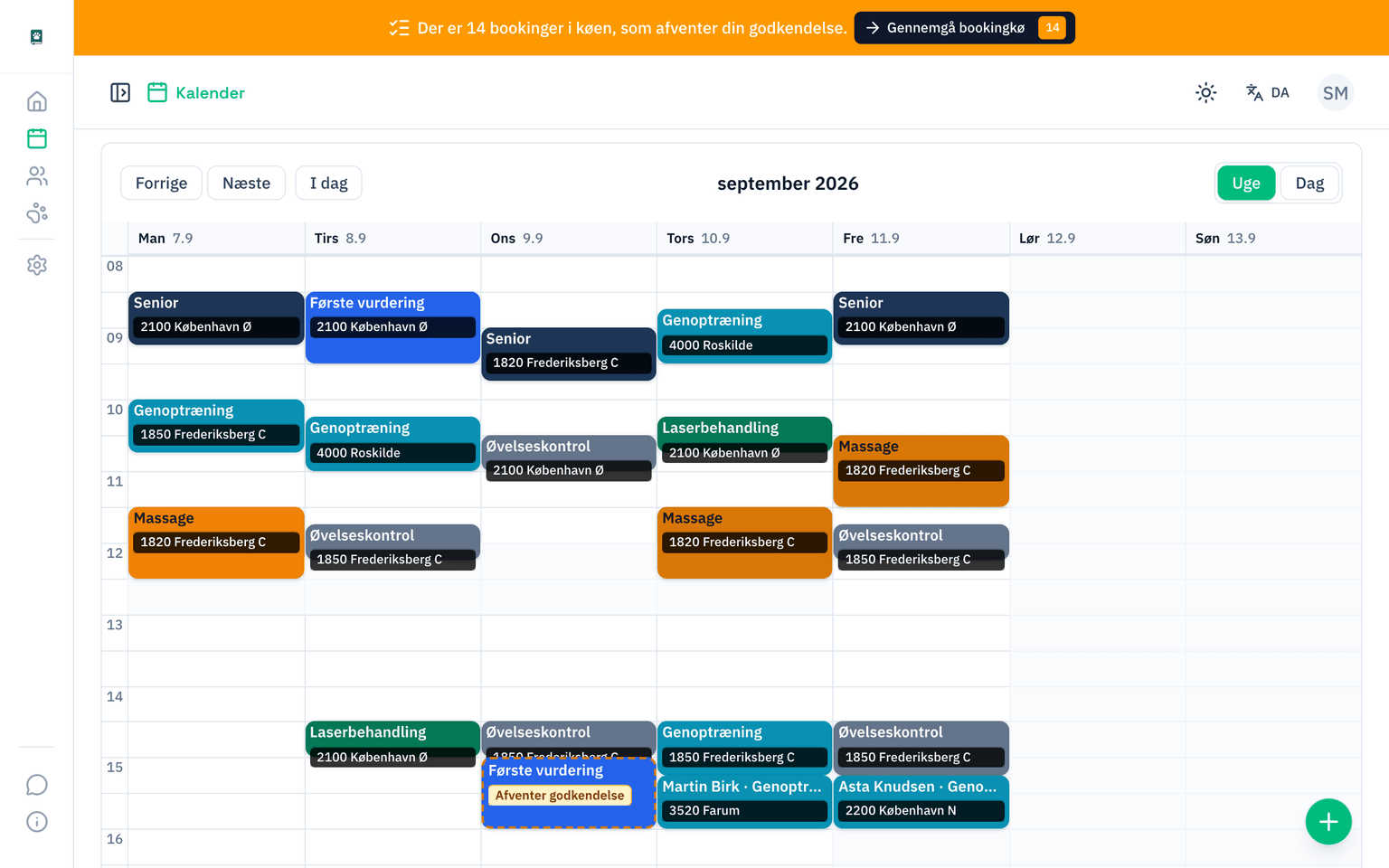 PawNotes kalender med online bookinger og klinikkens egne aftaler